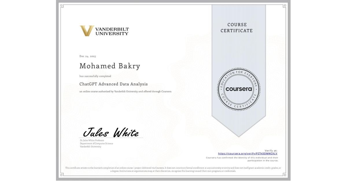 شهادة ChatGPT Advanced Data Analysis - Vanderbilt University